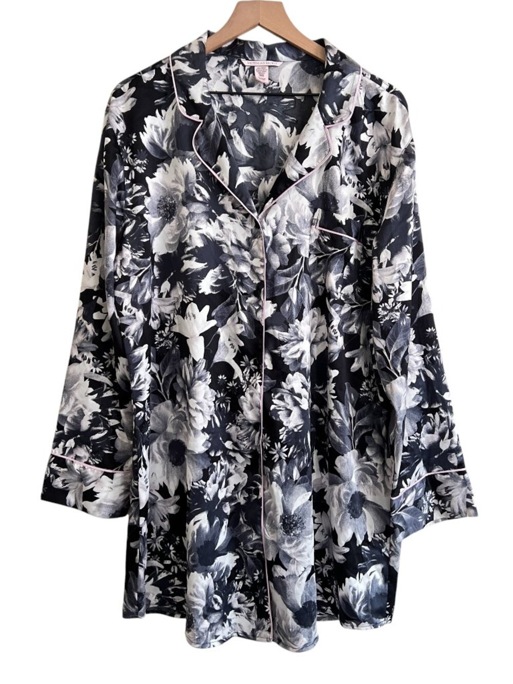 Victorias Secret Black Floral Printed Satin Long Sleeve Sleep Shirt